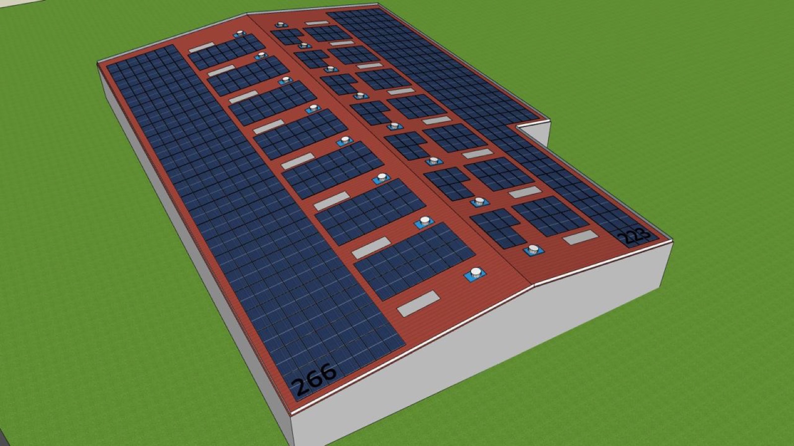 A 3D rendered rooftop solar layout of a large warehouse showing module blocks, roof vents and skylights.