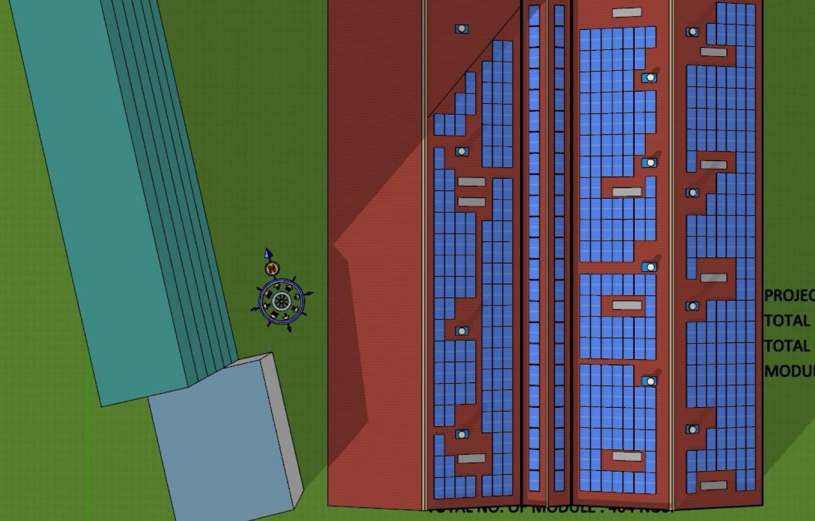 A 3D CAD module-layout plan of a rooftop solar array with a north compass and per-block module counts.